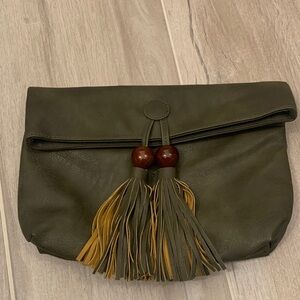 Anthropologie Olive Leather Clutch with Tassels
